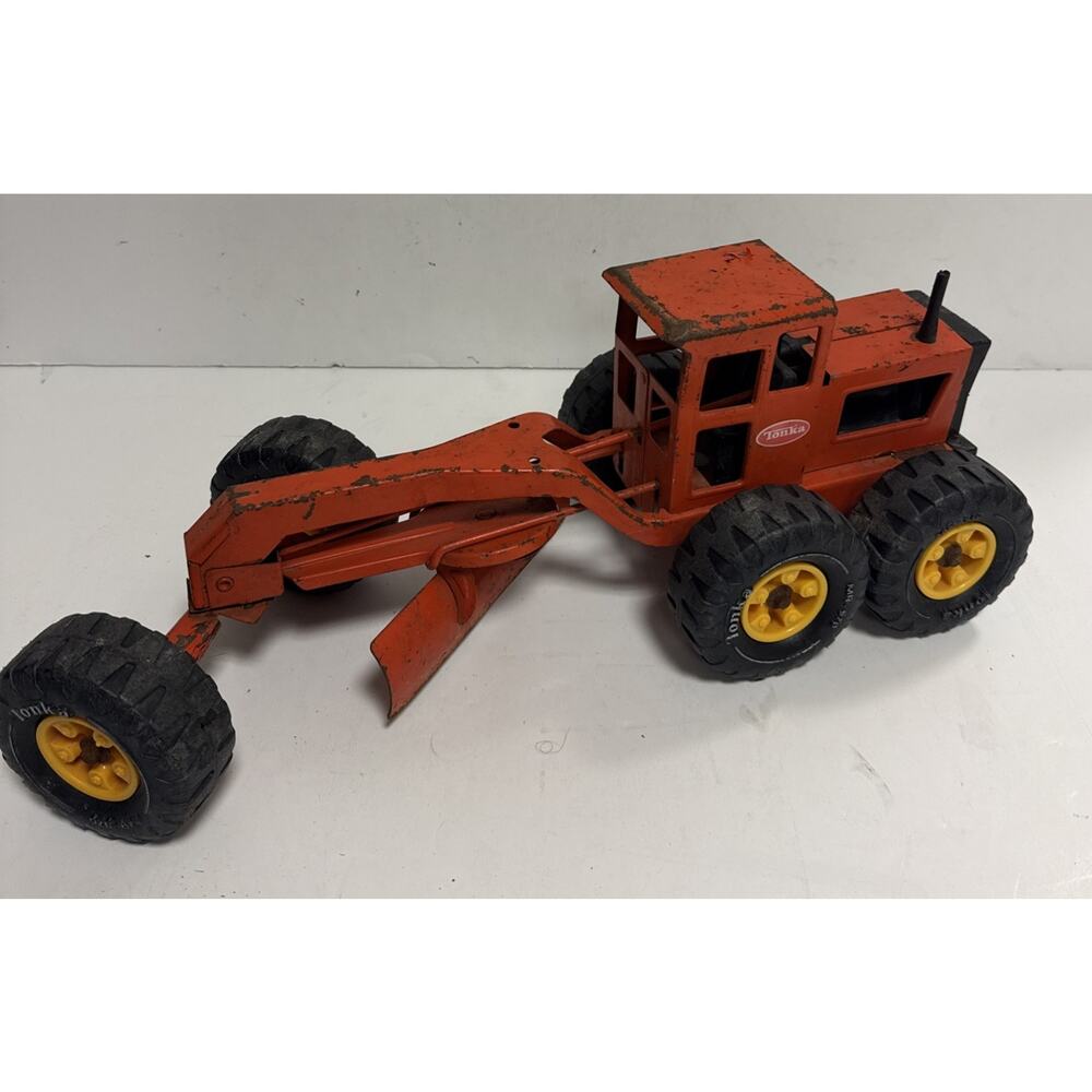 Tonka Orange Red Pressed Steel Road Grader MR-970 #2510 Yellow Wheels Vintage